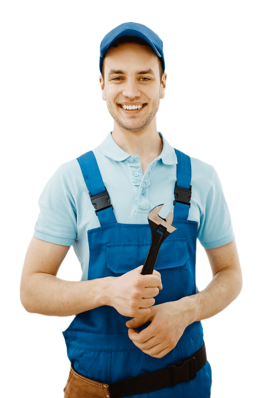 Lächelnder Handwerker mit Schraubenschlüssel und Kappe